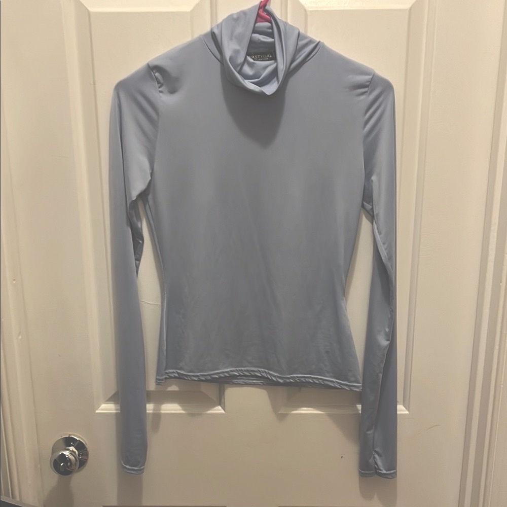 Blue Fitted Long Sleeve Top with Mock Neck
